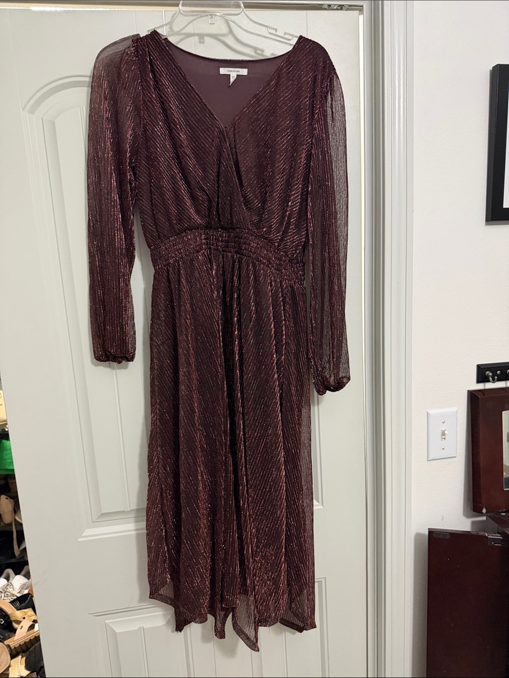 Women's Shimmery Burgundy Brown  V-Neck Dress